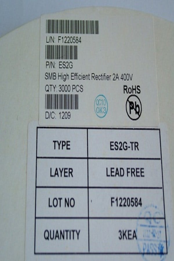 ES2G-TR FAST Diode,SMD,2A,400V,35nS,SMB,T/R,REEL:3K,TAIWAN(N.M) Diodes-Rectifier Diode-SMD